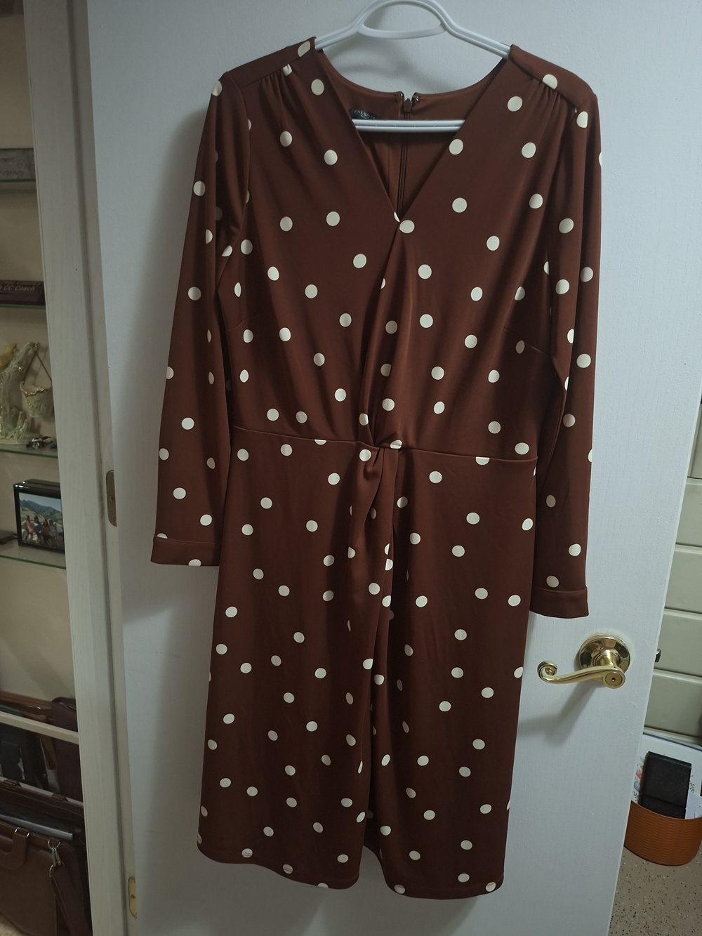 Talbots Brown Polka Dot Long Sleeve Tie-Waist Midi Dress